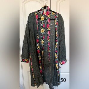 POL Charcoal Lace Robe with Floral Accents
